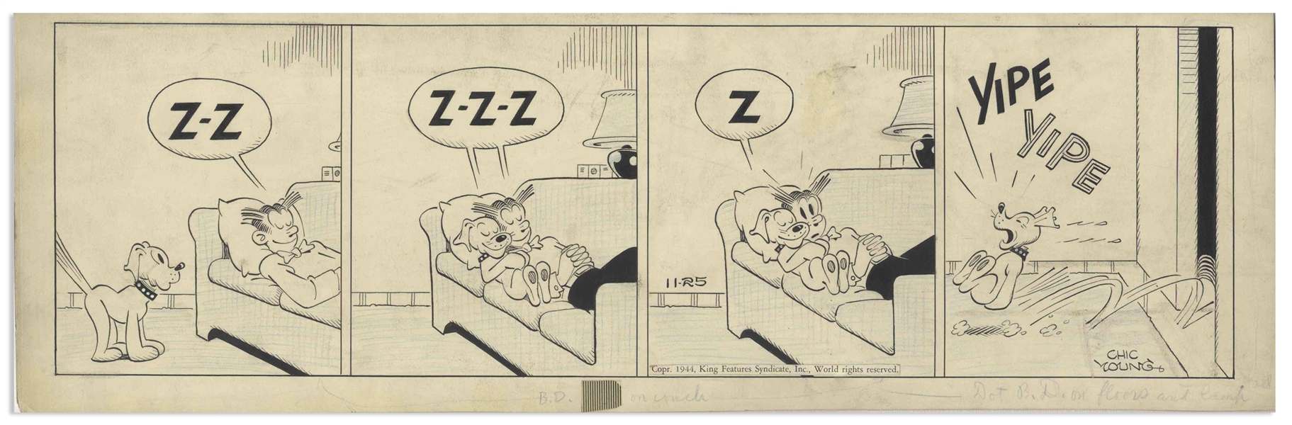 Chic Young Hand-Drawn ''Blondie'' Comic Strip From 1944 Titled ''Sofa Solo!'' -- Daisy Tries to Sneak a Nap with Dagwood